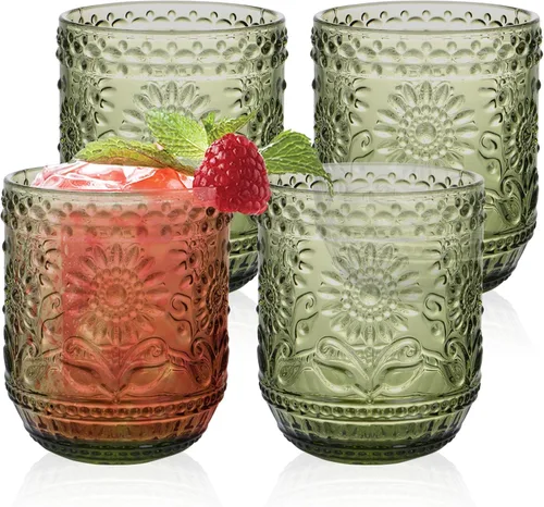 Juego de 4 copas de vino vintage de 12 onzas con diseño floral en relieve verde con diseño de girasol, cristalería apta para lavavajillas para