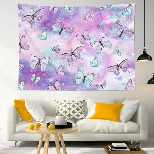 Miniatura 19 de LB Tapiz de mariposa colorido para colgar en la pared, diseño de mariposas de insectos sobre fondo negro, tapiz hippie de fantasía para dormitorio