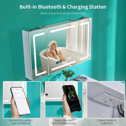 Miniatura 4 de FCH Botiquín LED con espejo inteligente, botiquín de baño de 48 pulgadas de ancho con Bluetooth y altavoz, reloj, pantalla de temperatura ambiente