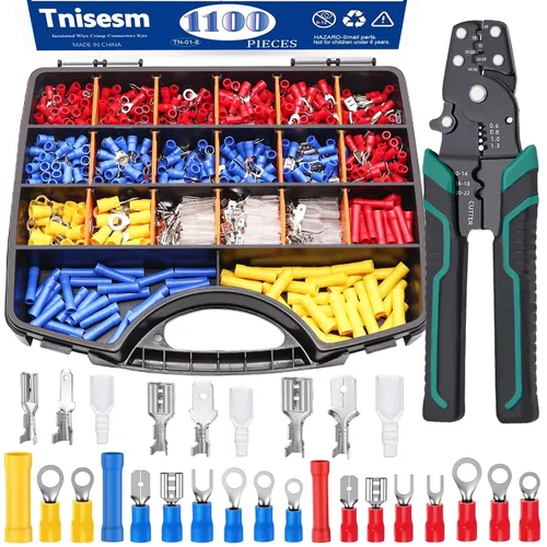 Tnisesm Kit de conector de cable de 1100 piezas con herramienta de prensado, terminales de cable eléctrico con aislamiento de cobre, anillo, tope,