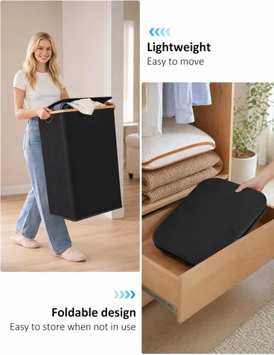 Miniatura 6 de iEGrow Cesto para la ropa sucia con tapa, cesta grande para la ropa sucia de 110 litros con asa y tapa, organizador de ropa plegable con bolsa Negro