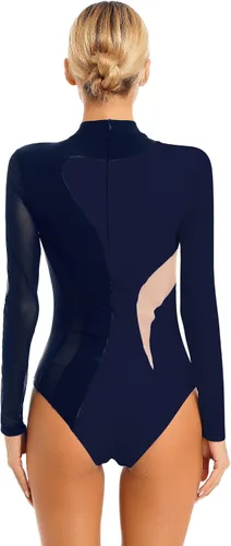 Miniatura 37 de iiniim Leotardo de malla para mujer, con diamantes de imitación, de malla, de manga larga, leotardos de gimnasia
