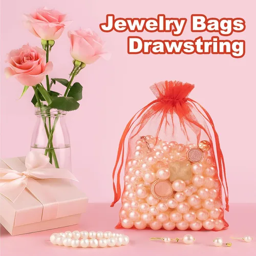 Miniatura 3 de Crweety 50 bolsas de organza roja de 3 x 4 pulgadas, pequeñas bolsas de regalo de malla con cordón, bolsa de regalo transparente para bolsita