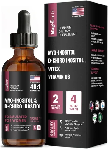 Gotas líquidas de mio-inositol y D-Chiro inositol para mujeres, proporción 40:1, equilibrio hormonal y apoyo al ciclo, Vitex + Vitamina D3, 4 onzas