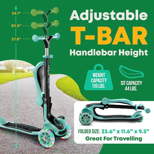 Miniatura 2 de Scooter de 3 ruedas para niños con asiento plegable, altura ajustable del manubrio, juguete de paseo inclinado para conducir para niños a partir