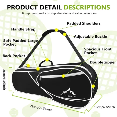 Miniatura 3 de Bolsa de Tenis Himal para 3 Raquetas con Almohadilla Protectora, Bolsa de Raqueta de Tenis para Hombres y Mujeres, Entusiastas del Deporte de Todas