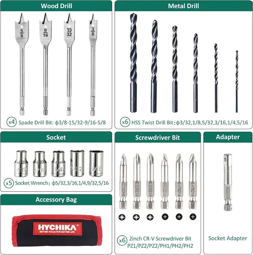 Miniatura 7 de HYCHIKA - Taladro de martillo inalámbrico de 18 V, taladro eléctrico de 400 In-lbs con mango auxiliar, mandril de metal de 1/2 pulgada, batería