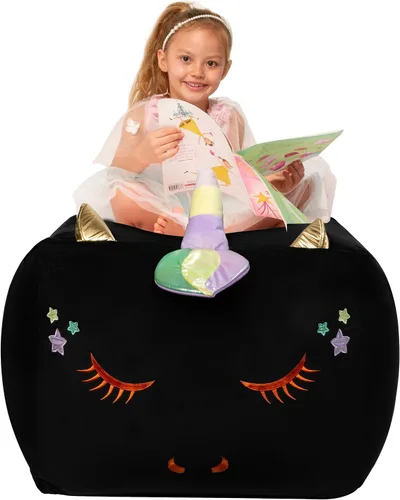 Sillones puf de unicornio negro, ideas de almacenamiento de animales de peluche para decoración de habitación de niñas, soporte y organizador de
