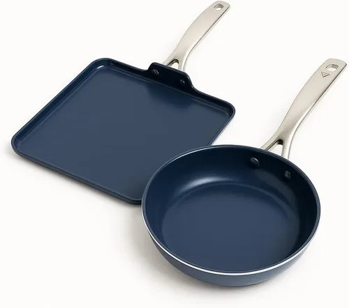 Blue Diamond - Juego de parrilla de 11" y sartén antiadherente de 8", con cerámica infundida de diamante, sin PFAS ni PTFE, apto para lavavajillas y