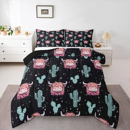 Miniatura 15 de Juego de ropa de cama de vaca de las tierras altas, edredón de ganado de las tierras altas, juego de edredón rosa floral de vaca occidental, juego