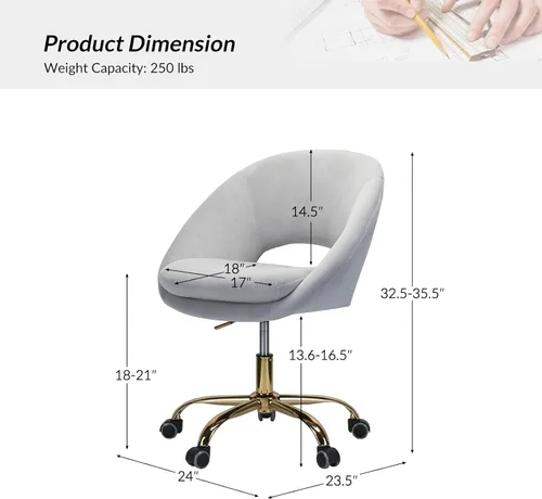 Miniatura 2 de TINA'S HOME Silla de oficina moderna de terciopelo con giro ajustable, cómoda silla de escritorio tapizada con respaldo abierto, pequeña y bonita