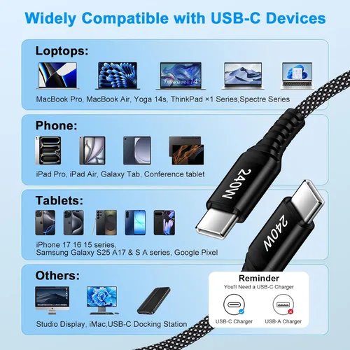 Miniatura 6 de Cable de carga para Samsung de 6 pies, 240 W, USB C a USB C, cable de carga súper rápida para Samsung Galaxy S26 Ultra Plus Z Flip 7 FE Z Fold 7 S25