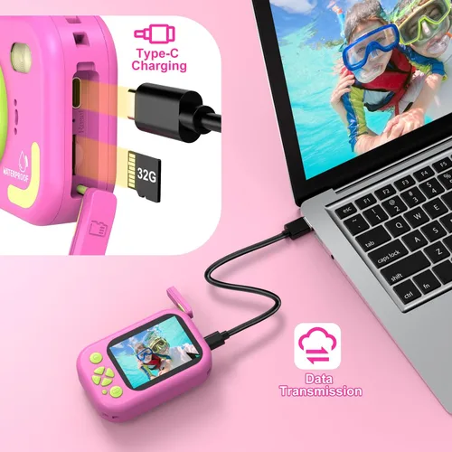 Miniatura 7 de Cámara para niños impermeable, cámara submarina IP68 para niños de 3 a 12 años, cámara digital HD para niños con grabación de video de 1080P, Rosa