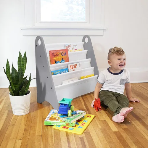 Miniatura 2 de Wildkin Estantería para niños, almacenamiento moderno de madera con 4 estantes y asas de tela, organizador para el hogar o el aula, gris y blanco