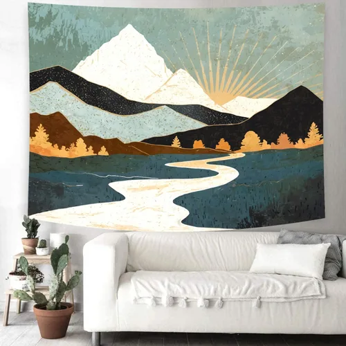 Miniatura 4 de Delur Tapiz Boho de Montaña con Puesta de Sol, Tapiz de Paisaje Natural de Bosque y Árbol para Colgar en la Pared, Tapiz Abstracto Psicodélico