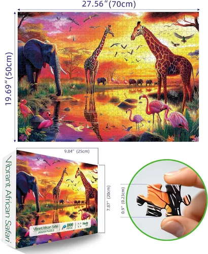Miniatura 4 de Rompecabezas de animales de 1000 piezas para adultos, escena de la vida silvestre con elefantes, león, tigre, jirafas, flamencos, rompecabezas