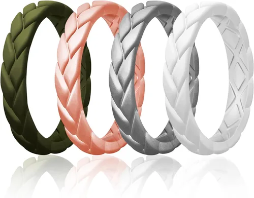 Egnaro Anillos de boda de silicona para ella, conjuntos de novia de goma para mujer, bandas finas, diseño trenzado de hojas apilables con ranuras