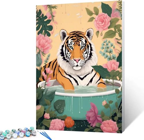 Miniatura 11 de Pintura por números para adultos, baño, animales, bricolaje, pintura al óleo digital, pintura acrílica, cebra, arte de pared, hojas verdes, bañera