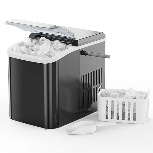 NEWBULIG Encimera para hacer hielo con asa, máquina de hielo portátil, 9 cubos de hielo en 6 minutos, 26 libras en 24 horas, limpieza automática,