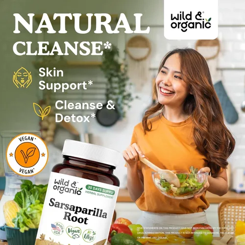 Miniatura 2 de Wild & Organic Cápsulas de raíz de zarzaparrilla, apoyo para la piel y la desintoxicación, suplemento de raíz de zarzaparrilla de 1000 mg, 30 días