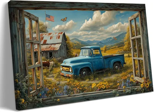 Miniatura 35 de Decoración rústica de granja en lienzo con ventana abierta, impresiones artísticas para pared, pintura de camión viejo, lienzo de granero y bandera