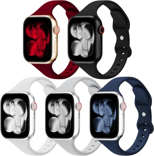 Miniatura 18 de Paquete de 5 bandas de silicona delgadas compatibles con Apple Watch de 38mm 42mm 40mm 44mm 41mm 45mm 46mm 49mm, correa deportiva estrecha y delgada