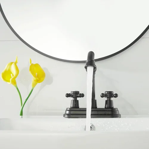 Miniatura 6 de Grifo de baño negro mate con 2 asas de 4 pulgadas, juego central de tocador de baño negro con montaje de drenaje y manguera de suministro grifo