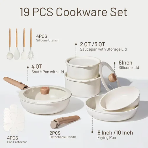 Miniatura 2 de CAROTE Juego de 19 piezas de ollas y sartenes antiadherentes, juego de utensilios de cocina con mango desmontable, ollas y sartenes de cocina