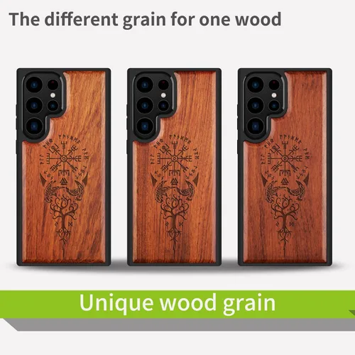 Miniatura 7 de Carveit Funda para Galaxy S22 Ultra de madera compatible con S22 Ultra Viking Compass Vegvisir-Rosy Madera real dura, TPU suave, funda protectora