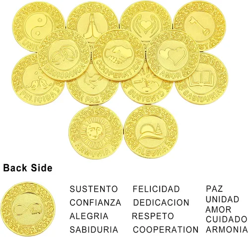 Miniatura 7 de TINGKU Juego de monedas de oro español (13 unidades), caja de almacenamiento con diseño de colección de libros para ceremonia de boda, regalo