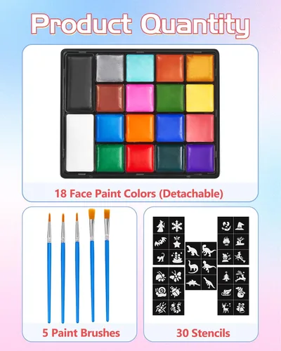 Miniatura 2 de Lictin Pintura Facial a Base de Agua - Kit de Pintura Facial de 18 Colores con Plantillas y Brochas, Kit de Maquillaje de Halloween para Adultos