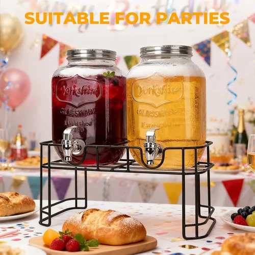 Miniatura 7 de Dispensador de vidrio de bebida de 1 galón para fiestas, paquete de 2, dispensador de bebidas de vidrio con grifo y cubierta de hierro y soporte