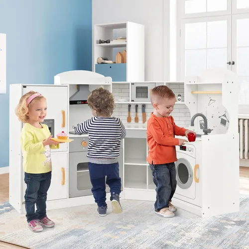 Miniatura 9 de Juego de cocina de esquina de madera para niños con luces y sonidos, juego de cocina de juguete con traje de chef, cocina para niños pequeños