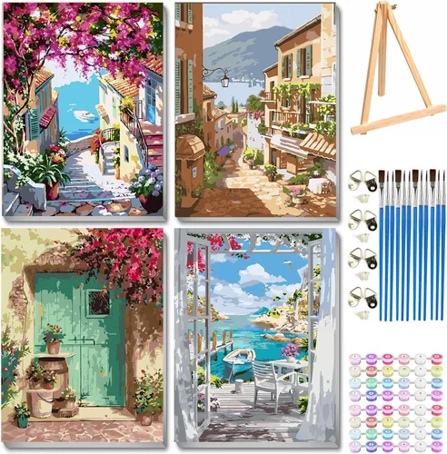 Miniatura 19 de VIGEGU Paquete de 4 pinturas por números para adultos, lienzo enmarcado, con caballete de madera, pintura por números para niños de 8 a 12 años