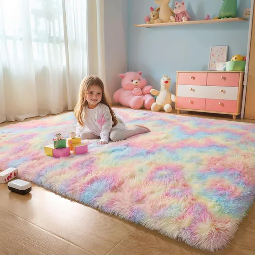Miniatura 15 de KCHOWUA Alfombras Esponjosas y Peludas de Unicornio para Dormitorio de Niñas, 3x5 pies Lavable Antideslizante Alfombra de Área Shag Peluda para Sala