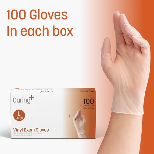 Miniatura 5 de Caring Vinyl Exam Gloves Powder Free and Not Made with Natural Rubber Latex, Gloves for Medical Use, First Aid, Food Prep