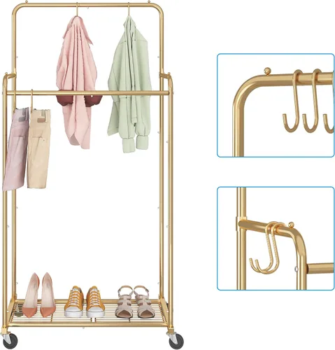 Miniatura 4 de Simple Trending - Perchero para ropa de doble varilla, estante resistente con ruedas para colgar ropa, con 4 ganchos, color dorado