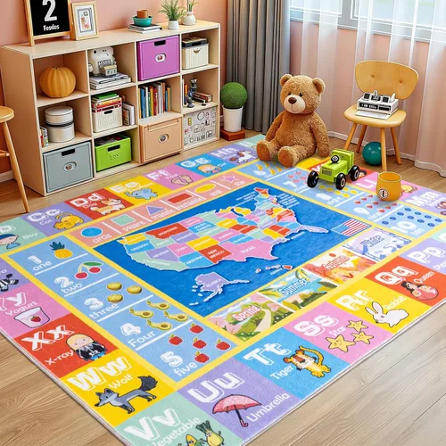 Miniatura 11 de Alfombras infantiles para sala de juegos, suave y antideslizante, alfombra educativa redonda de 4 x 4 pies para aprender alfabetos ABC, números