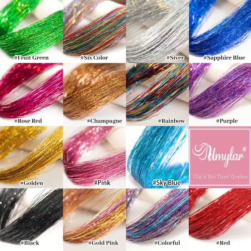 Miniatura 6 de Paquete de 12 piezas de accesorios para el cabello con purpurina colorida de 20 pulgadas, extensiones de oropel con clip, accesorios para el cabello