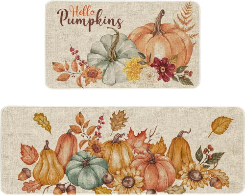 Miniatura 9 de Juego de 2 Tapetes de Cocina Hello Fall, Alfombra de Cocina de Calabaza de Acción de Gracias, Alfombra de Piso Decorativa Creativa de Vacaciones