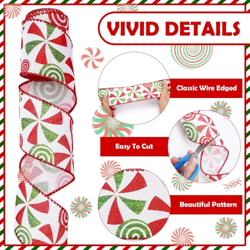 Miniatura 5 de Berlune 4 rollos de cinta de Navidad con borde con alambre de menta de 2.5 pulgadas de ancho, cinta de arpillera para manualidades, corona, árbol