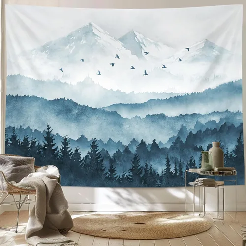 Miniatura 10 de kampdream Tapiz de bosque de montaña, tapiz de pared con diseño de árbol blanco y negro brumoso, paisaje de acuarela, tapiz de paisaje natural
