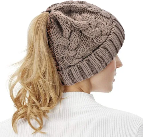 Miniatura 6 de Rosoz Gorro de cola de caballo para mujer gorro cálido de invierno suave y elástico tejido trenzado gorro de moño alto