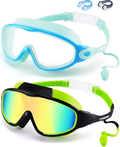 WIN.MAX Paquete de 2 gafas de natación antiniebla, anti rayos UV, visión transparente para hombres, mujeres, niños y niñas, gafas de natación para