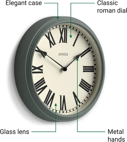 Miniatura 4 de JONES CLOCKS® Reloj de pared Hackney Reloj clásico de números romanos 12 pulgadas Verde Diseño tradicional para cocinas, pasillos o espacios