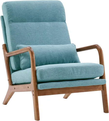 Miniatura 20 de SSLine Sillón tapizado moderno de tela de lino suave con almohada y marco de madera de roble, cómodo sofá individual con respaldo alto, silla