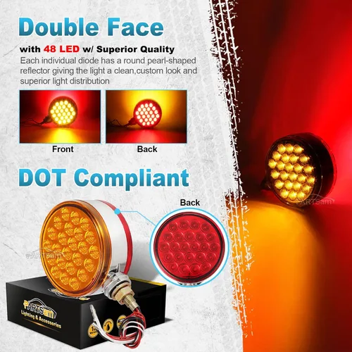 Miniatura 2 de Partsam 2 luces reflectantes redondas de doble cara de 4 pulgadas con montaje en perno prisionero rojo perla/ámbar, 48 luces LED reflectantes