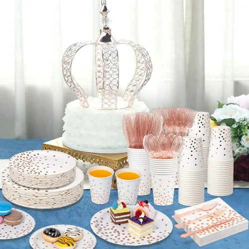 Miniatura 7 de Suministros de fiesta blanco y oro rosa – Juego de vajilla desechable de 350 piezas con platos de papel, servilletas, vasos, tenedores de plástico