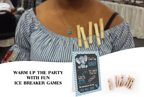 Miniatura 3 de Blue Elephant Don't Say Baby Game - 1 letrero y 50 mini pinzas naturales para la ropa, juego de baby shower de género neutro y decoraciones