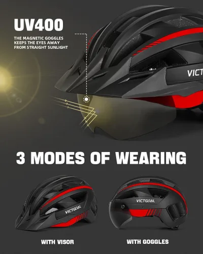Miniatura 2 de VICTGOAL Casco de bicicleta para hombres y mujeres con luz LED, gafas magnéticas desmontables, visera solar extraíble, casco de bicicleta de montaña